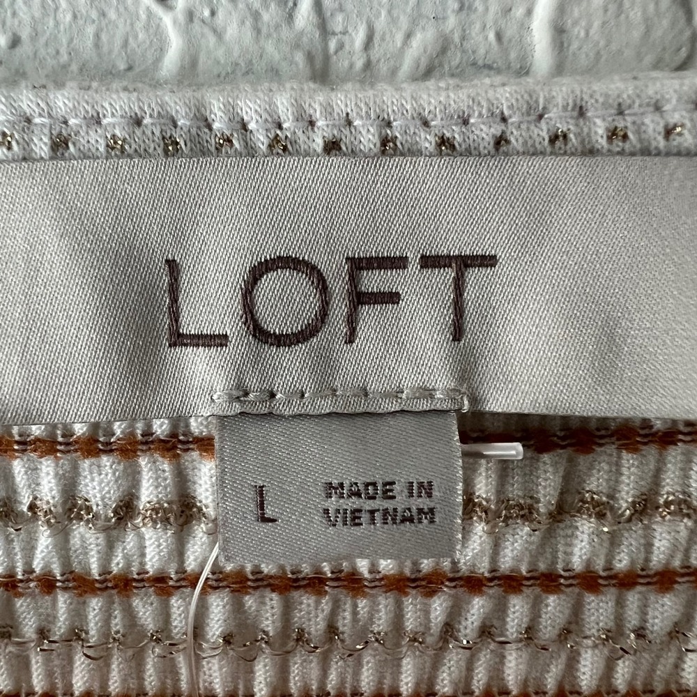 LOFT Smocked Metallic Striped Square Neck Puff Sleeve Top White Brown Gold L New - Picture 4 of 7